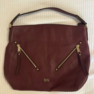 Michael Kors Evie Large Pebbled Leather Zippered Hobo Bag Purse Maroon Burgandy